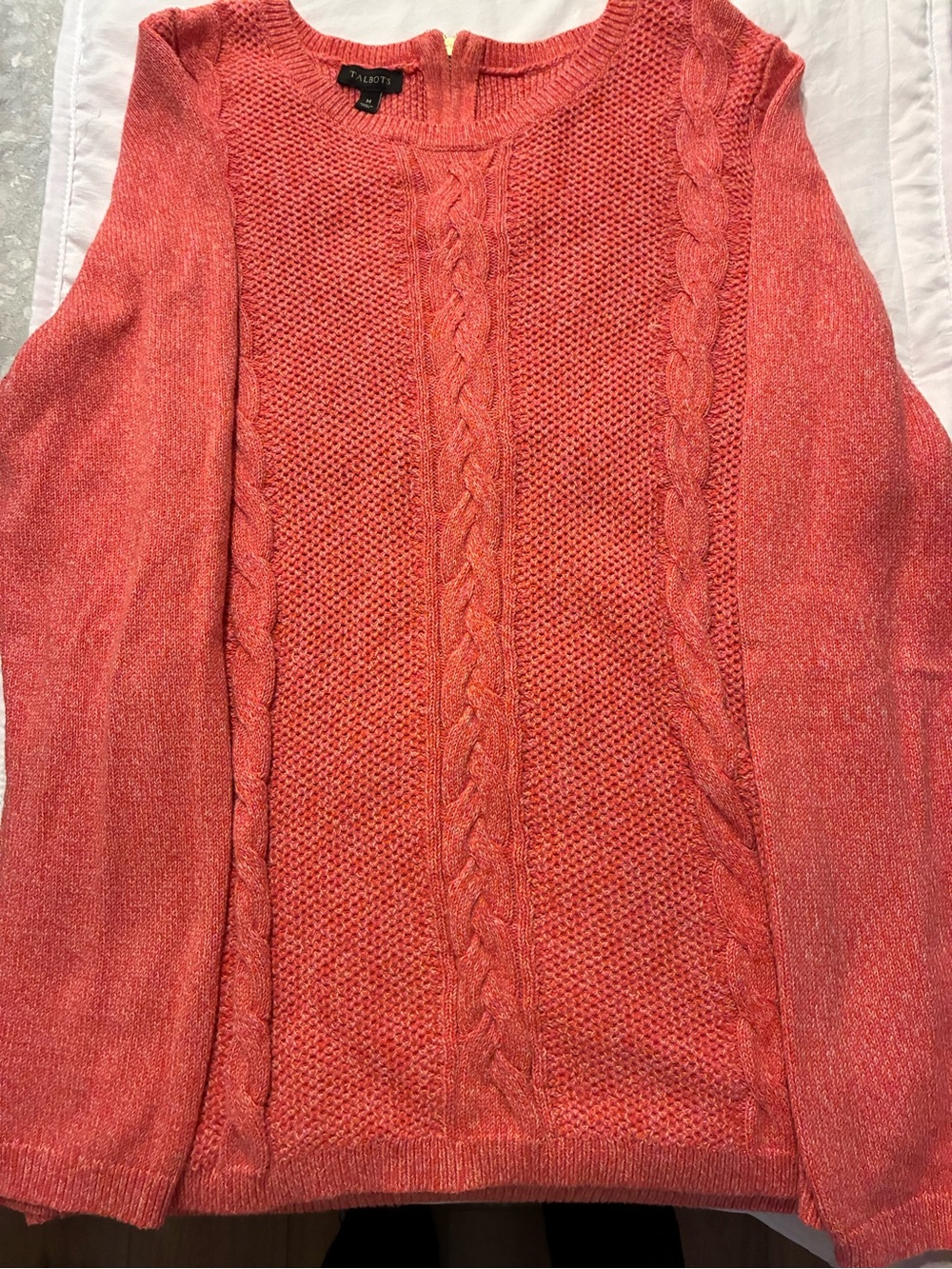 Talbots Coral Cable-Front Crewneck Sweater